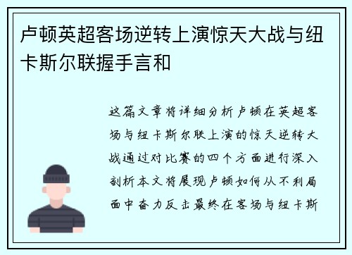 卢顿英超客场逆转上演惊天大战与纽卡斯尔联握手言和 卢顿英超客场逆转上演惊天大战与纽卡斯尔联握手言和