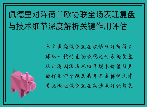 佩德里对阵荷兰欧协联全场表现复盘与技术细节深度解析关键作用评估