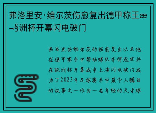 弗洛里安·维尔茨伤愈复出德甲称王欧洲杯开幕闪电破门