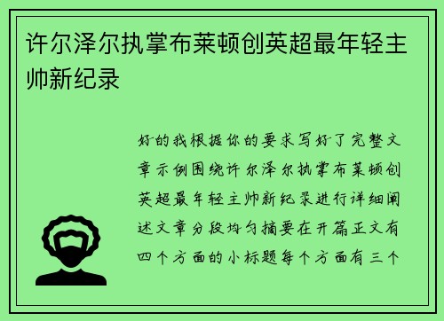 许尔泽尔执掌布莱顿创英超最年轻主帅新纪录